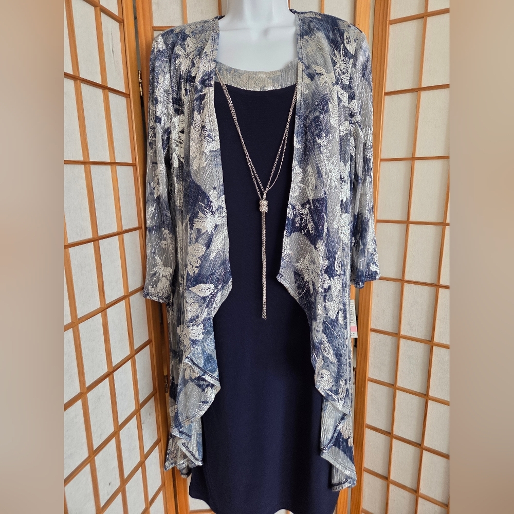 NWT R&M RICHARDS NAVY/SILVER SHEATH EVENING DRESS & CARDIGAN SET W/CHAIN SIZE 16